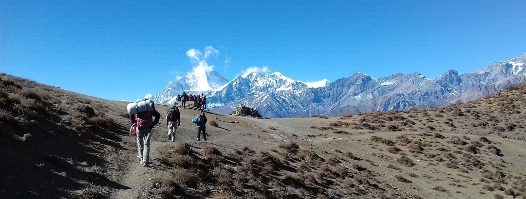 Tourists hiking in Mustang province of Nepal